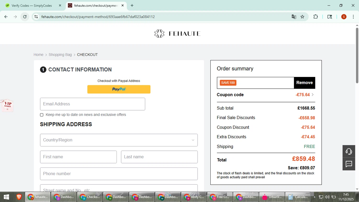 Fehaute coupon code screenshot showing code SAVE100 applied at Fehaute checkout page. Uploaded by SimplyCodes community member CleverTiger4265 on Dec 11, 2025