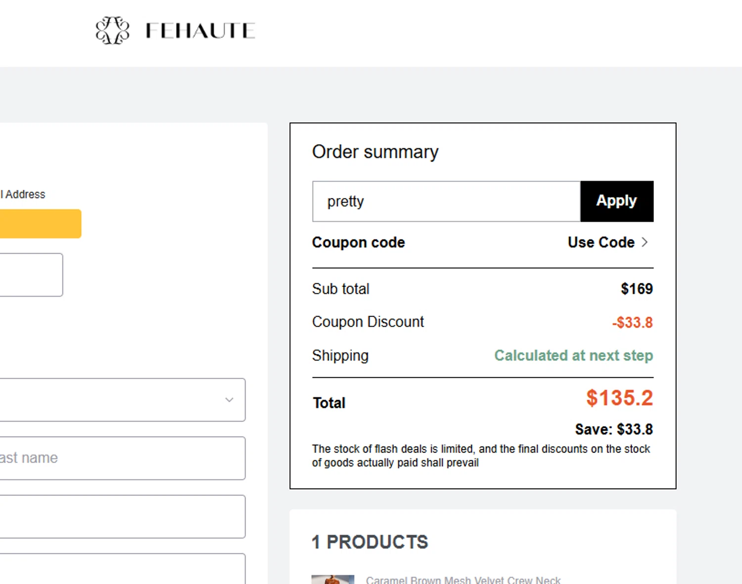 Fehaute coupon code screenshot showing code pretty applied at Fehaute checkout page. Uploaded by SimplyCodes community member CouponLion324 on Oct 1, 2025