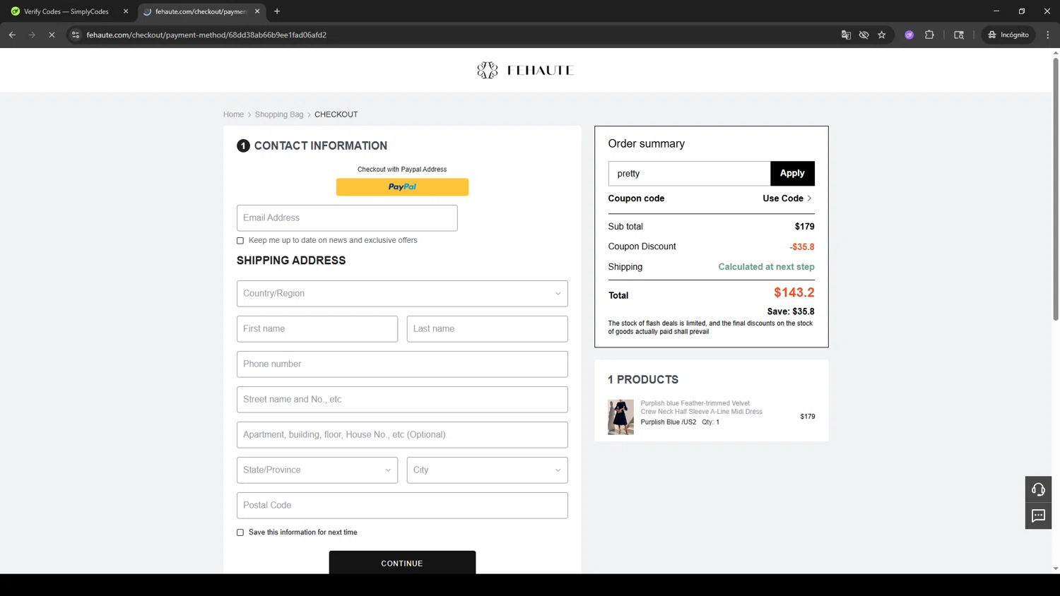 Fehaute coupon code screenshot showing code pretty applied at Fehaute checkout page. Uploaded by SimplyCodes community member ShrewdSleuth9497 on Oct 1, 2025