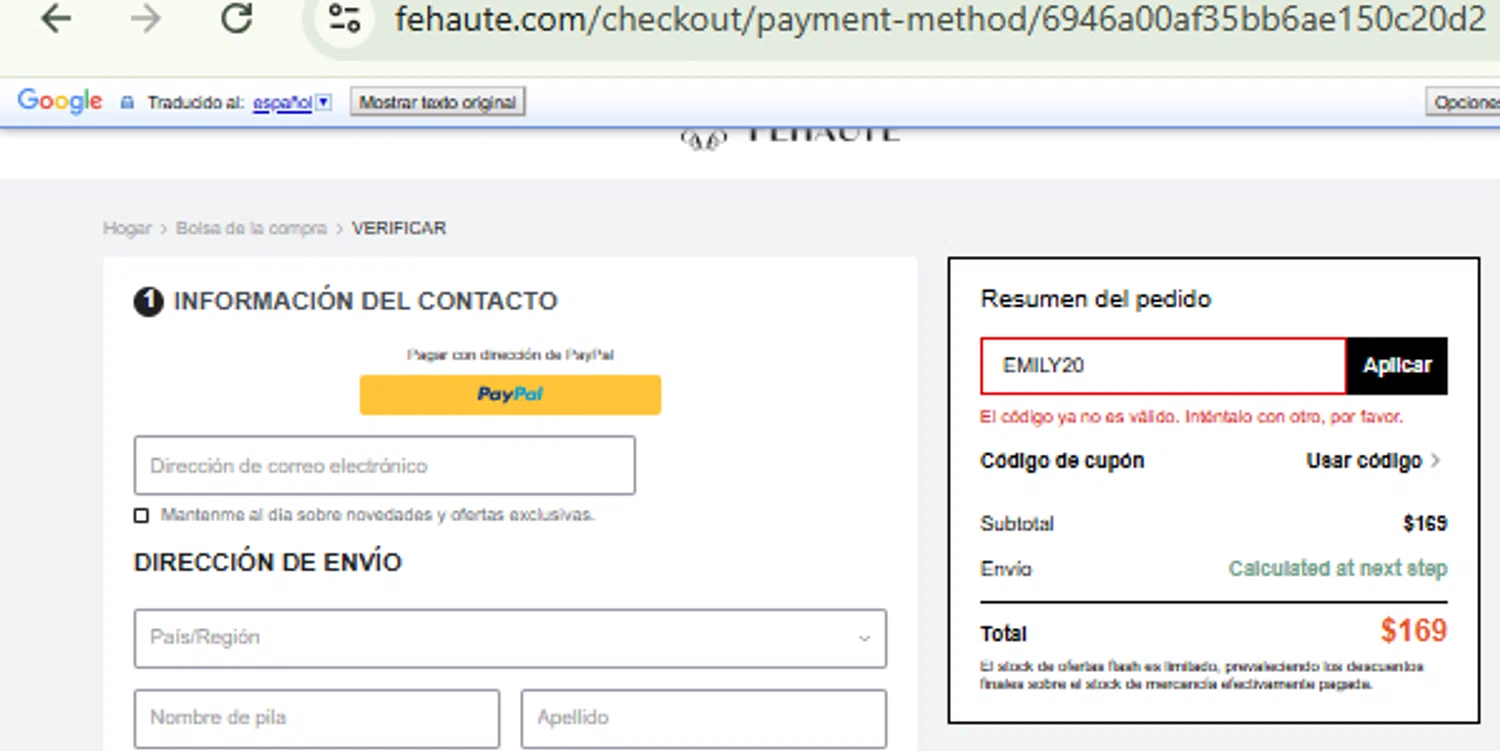 Fehaute coupon code screenshot showing code EMILY20 applied at Fehaute checkout page. Uploaded by SimplyCodes community member CashMaestro9337 on Dec 20, 2025
