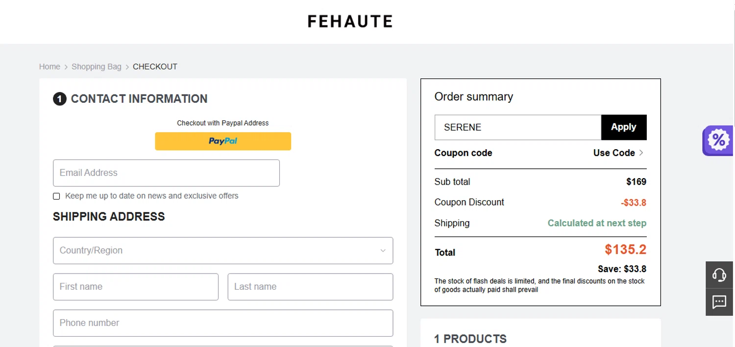 Fehaute coupon code screenshot showing code SERENE applied at Fehaute checkout page. Uploaded by SimplyCodes community member shark12 on Jun 28, 2025