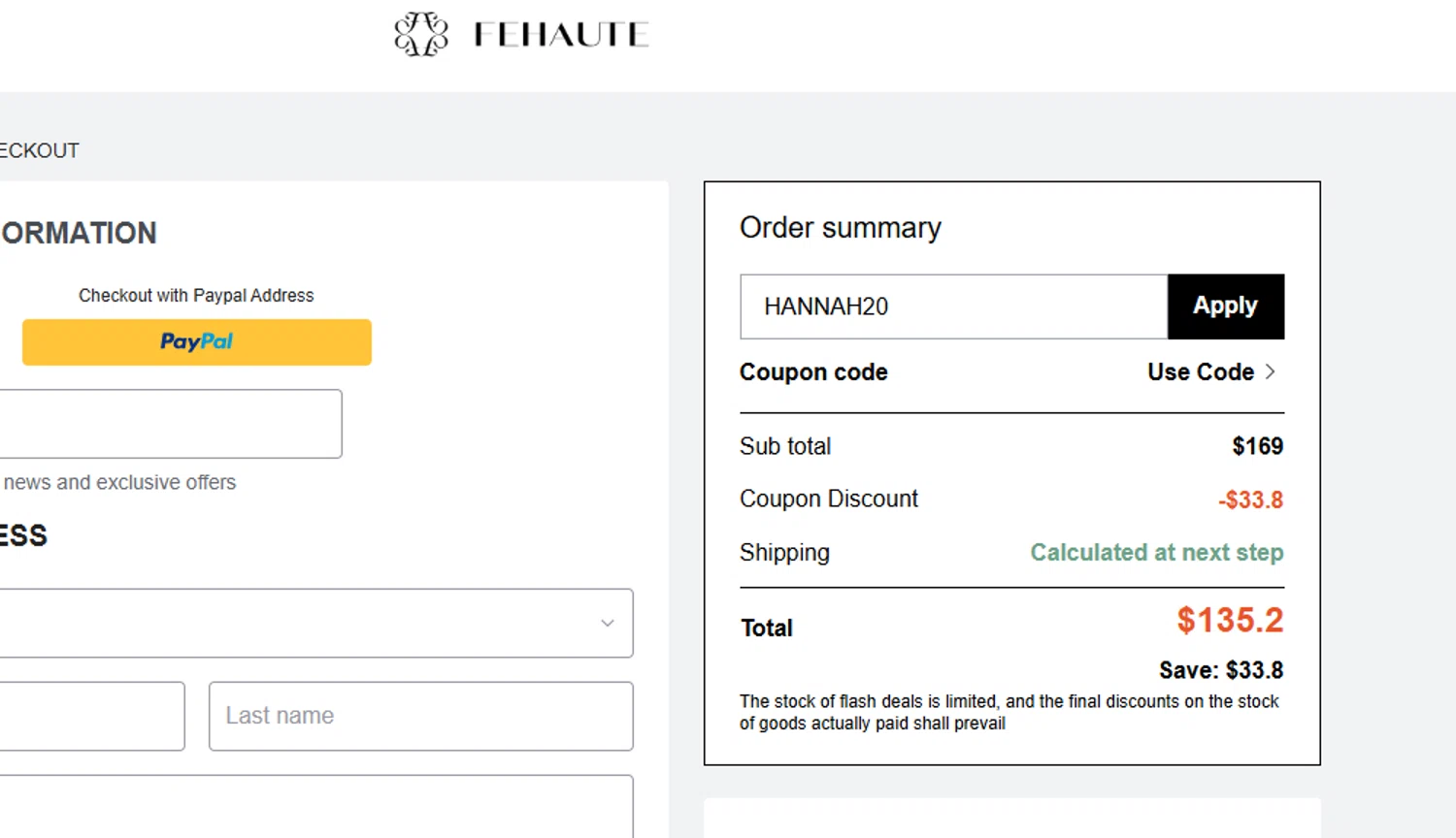 Fehaute coupon code screenshot showing code HANNAH20 applied at Fehaute checkout page. Uploaded by SimplyCodes community member yeresojperez on Oct 23, 2025
