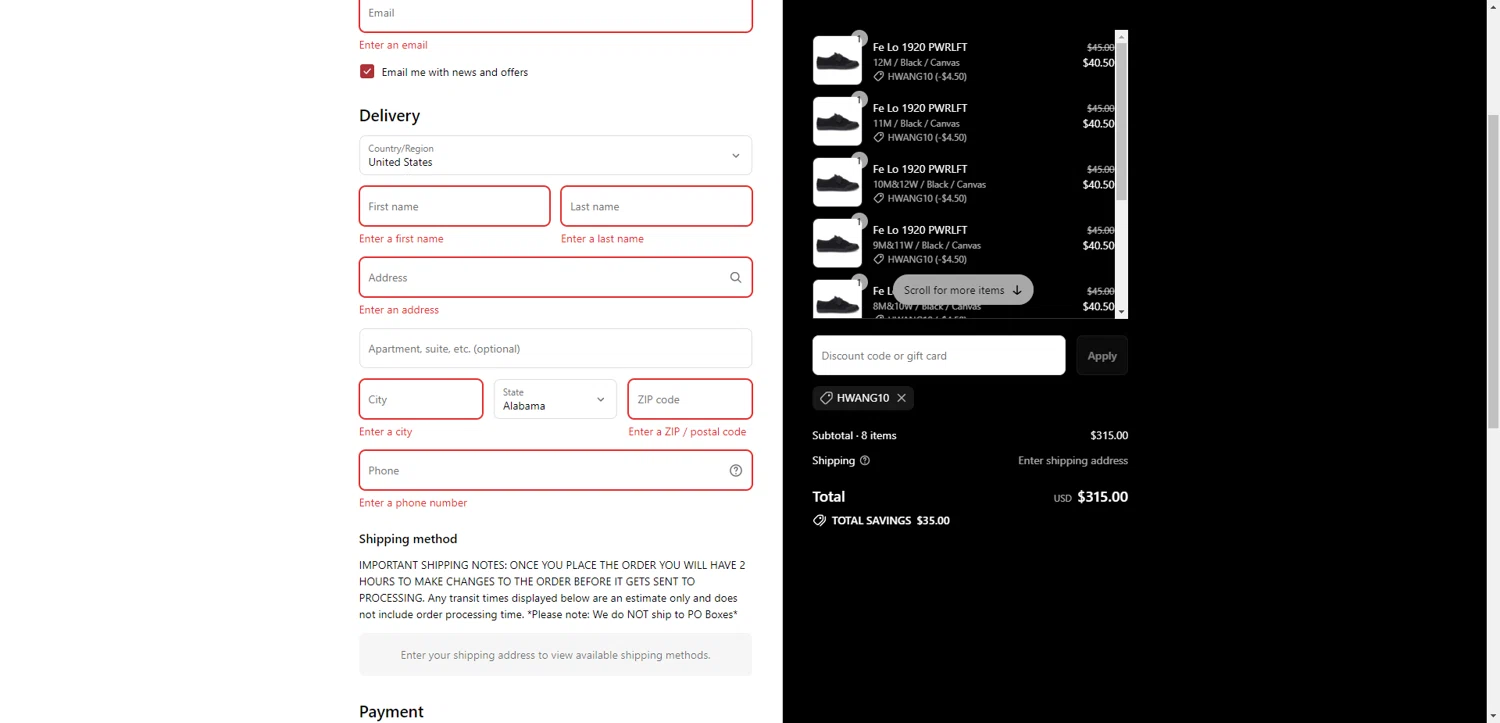 Feiyue discount code screenshot showing code HWANG10 applied at Feiyue checkout page. Uploaded by SimplyCodes community member CleverHawk1744 on Aug 9, 2025
