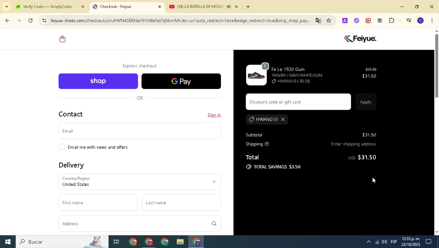 Feiyue discount code screenshot showing code HWANG10 applied at Feiyue checkout page. Uploaded by SimplyCodes community member alexanderarnold on Oct 23, 2025