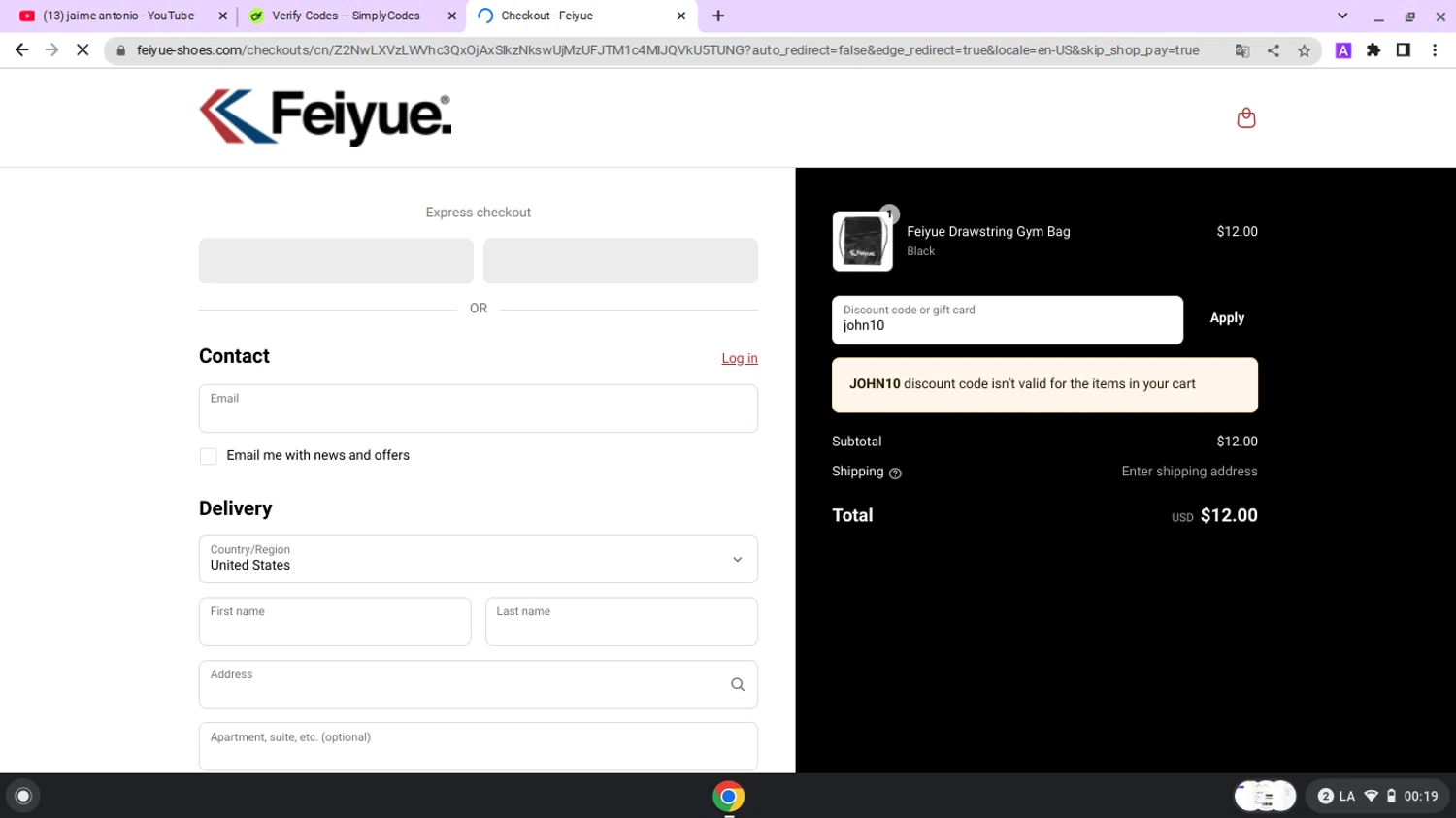 Feiyue discount code screenshot showing code john10 applied at Feiyue checkout page. Uploaded by SimplyCodes community member lapampita on Jun 19, 2025