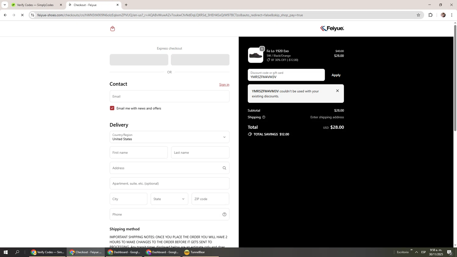 Feiyue discount code screenshot showing code YMR5ZFM4VM3V applied at Feiyue checkout page. Uploaded by SimplyCodes community member Levi_Ackerman on Nov 30, 2025