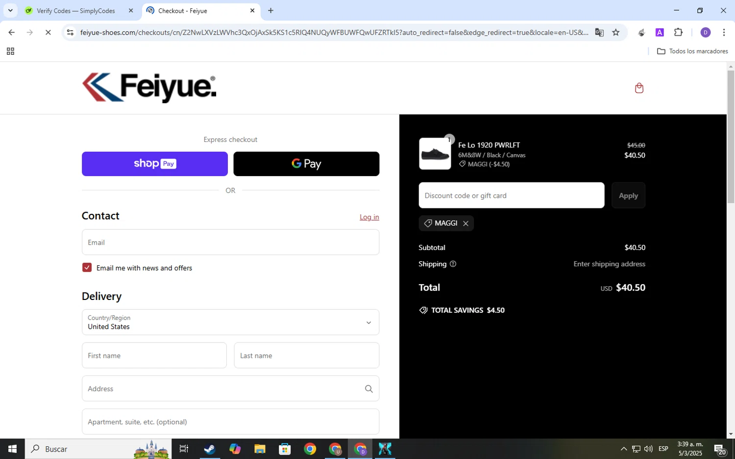 Feiyue discount code screenshot showing code MAGGI applied at Feiyue checkout page. Uploaded by SimplyCodes community member SavingsSpotter2269 on Mar 5, 2025
