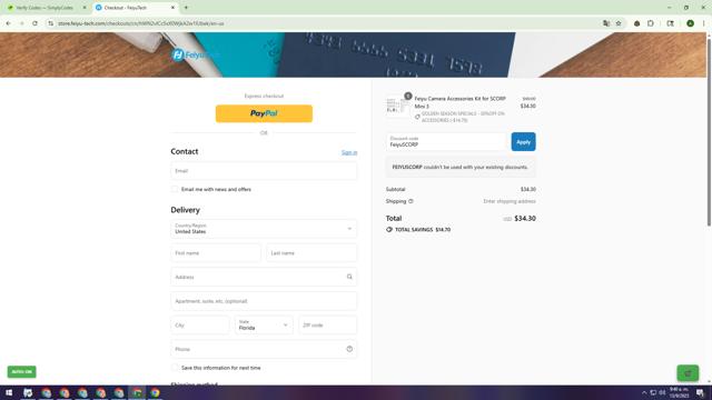 Feiyutech checkout page showing Feiyutech promo code box | Screenshot taken by SimplyCodes community member on Sep 13, 2025