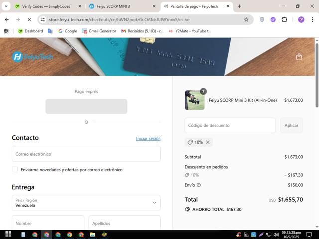 Feiyutech checkout page showing Feiyutech promo code box | Screenshot taken by SimplyCodes community member on Sep 11, 2025