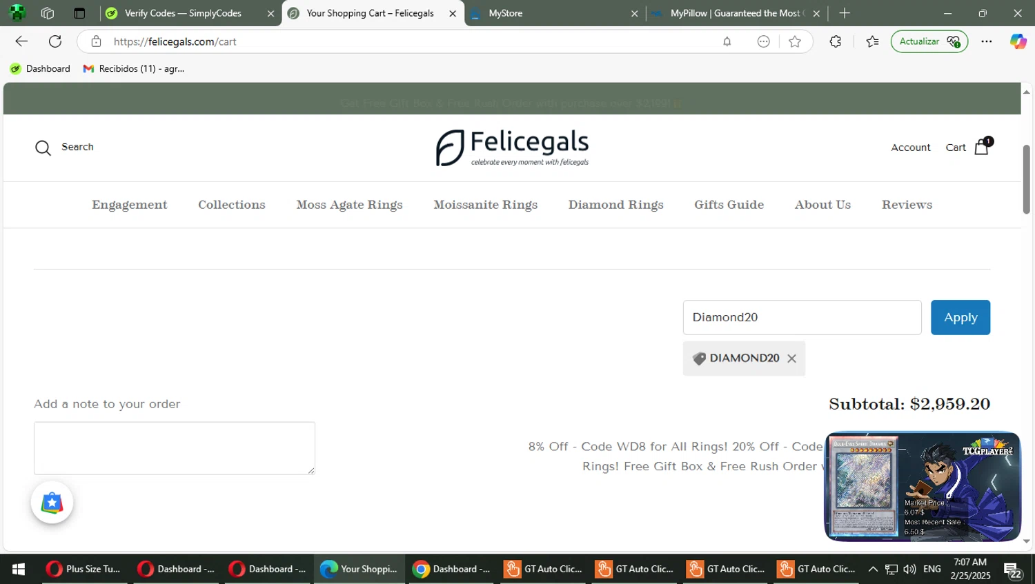Felicegals discount code screenshot showing code Diamond20 applied at Felicegals checkout page. Uploaded by SimplyCodes community member TrevorPhilips on Feb 25, 2025
