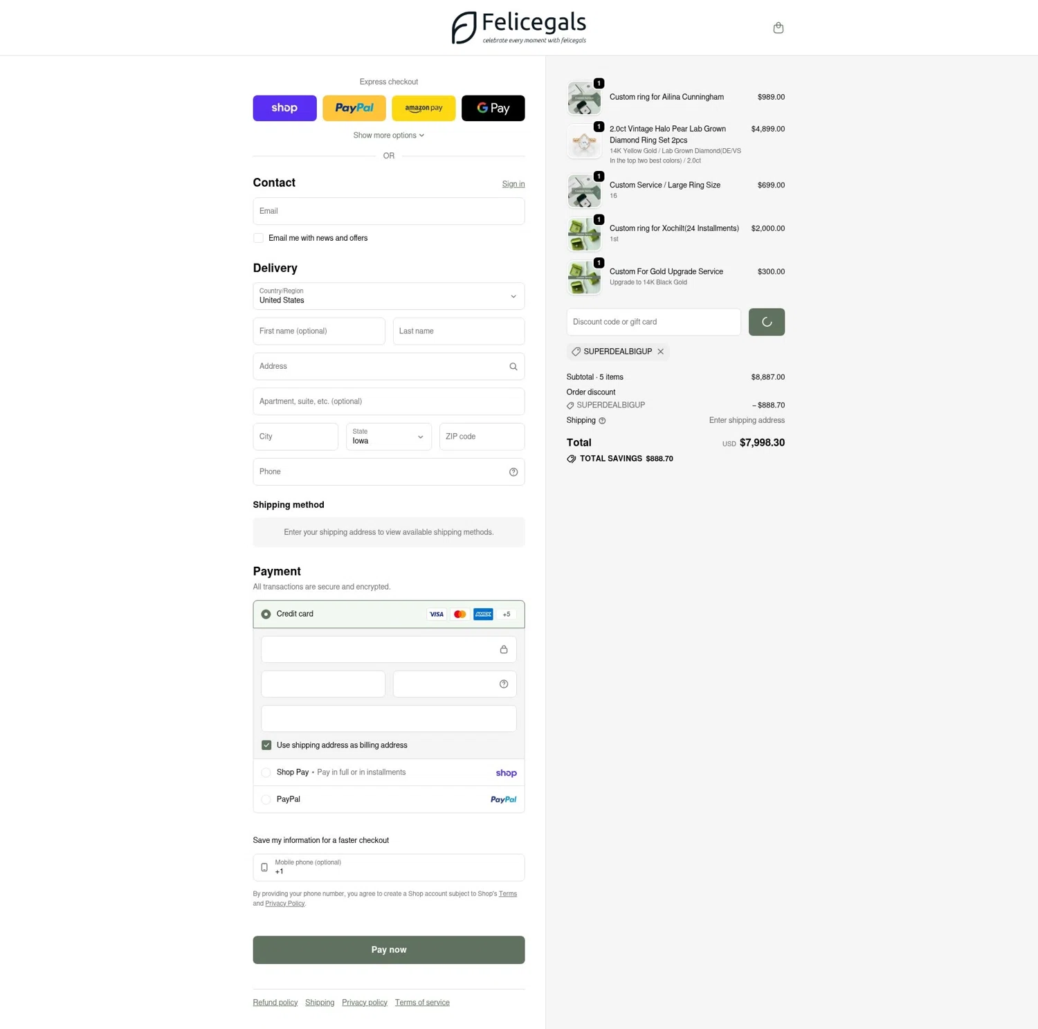 Felicegals discount code screenshot showing code superdealbigup applied at Felicegals checkout page. Uploaded by SimplyCodes community member LOgoter on Feb 3, 2026