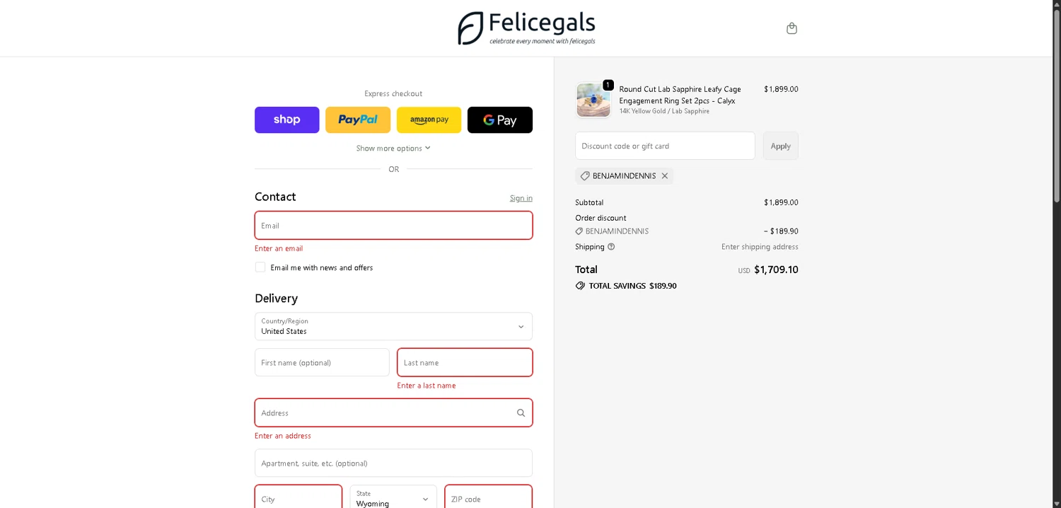 Felicegals discount code screenshot showing code BENJAMINDENNIS applied at Felicegals checkout page. Uploaded by SimplyCodes community member BargainCurator5453 on Dec 27, 2025