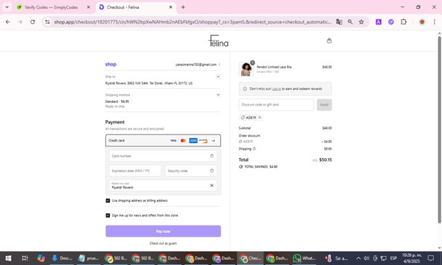 Felina checkout page showing Felina coupon code box | Screenshot taken by SimplyCodes community member on Sep 5, 2025