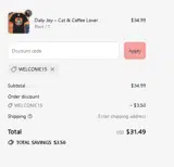WELCOME15 coupon verification screenshot