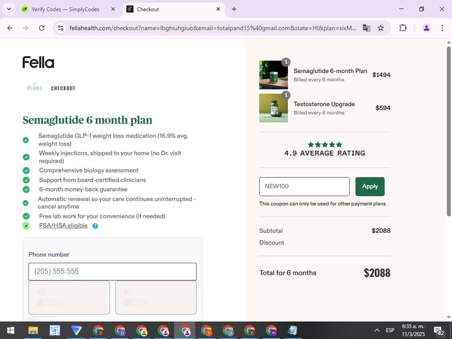 Fella Health discount code screenshot showing code NEW100 applied at Fella Health checkout page. Uploaded by SimplyCodes community member ExtraordinaryPro8536 on Mar 11, 2025