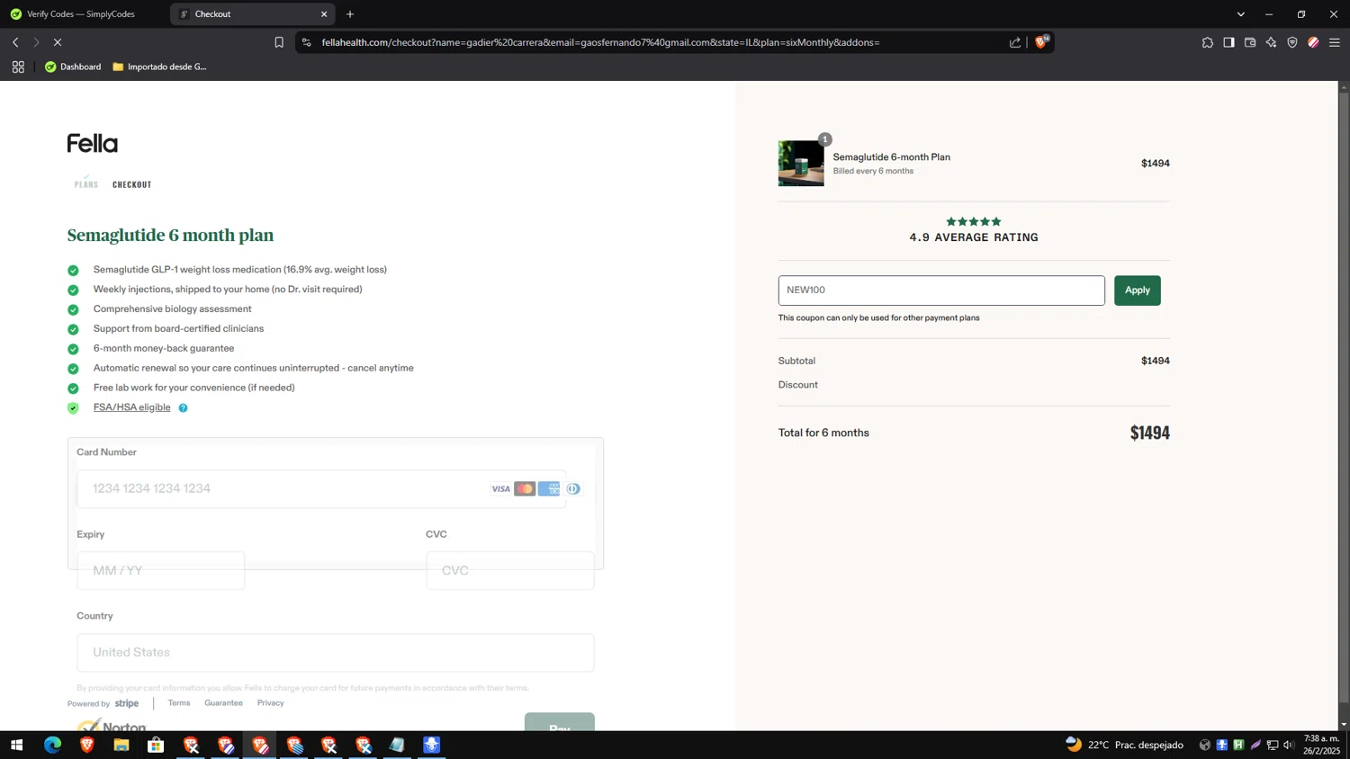 Fella Health discount code screenshot showing code NEW100 applied at Fella Health checkout page. Uploaded by SimplyCodes community member CleverTracker4432 on Feb 26, 2025