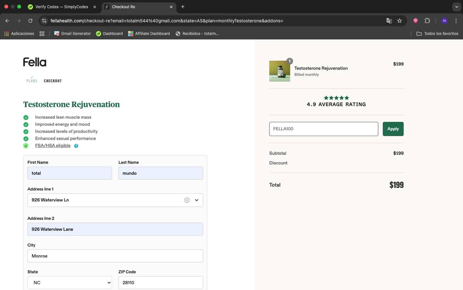 Fella Health discount code screenshot showing code FELLA100 applied at Fella Health checkout page. Uploaded by SimplyCodes community member 1234ely on Sep 17, 2025