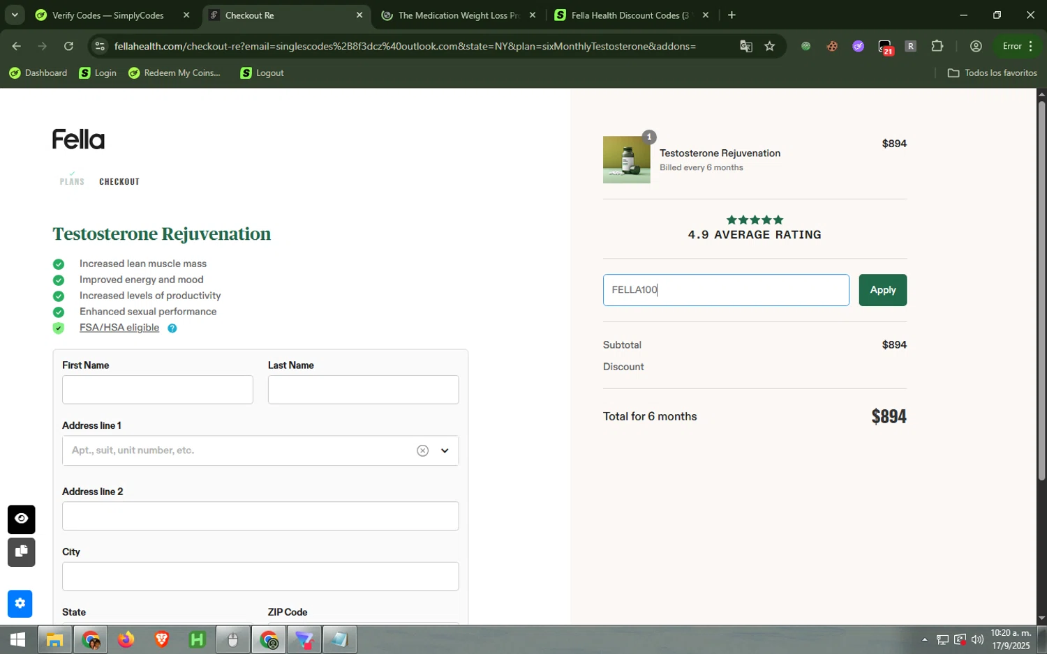 Fella Health discount code screenshot showing code FELLA100 applied at Fella Health checkout page. Uploaded by SimplyCodes community member WonderAce9334 on Sep 17, 2025
