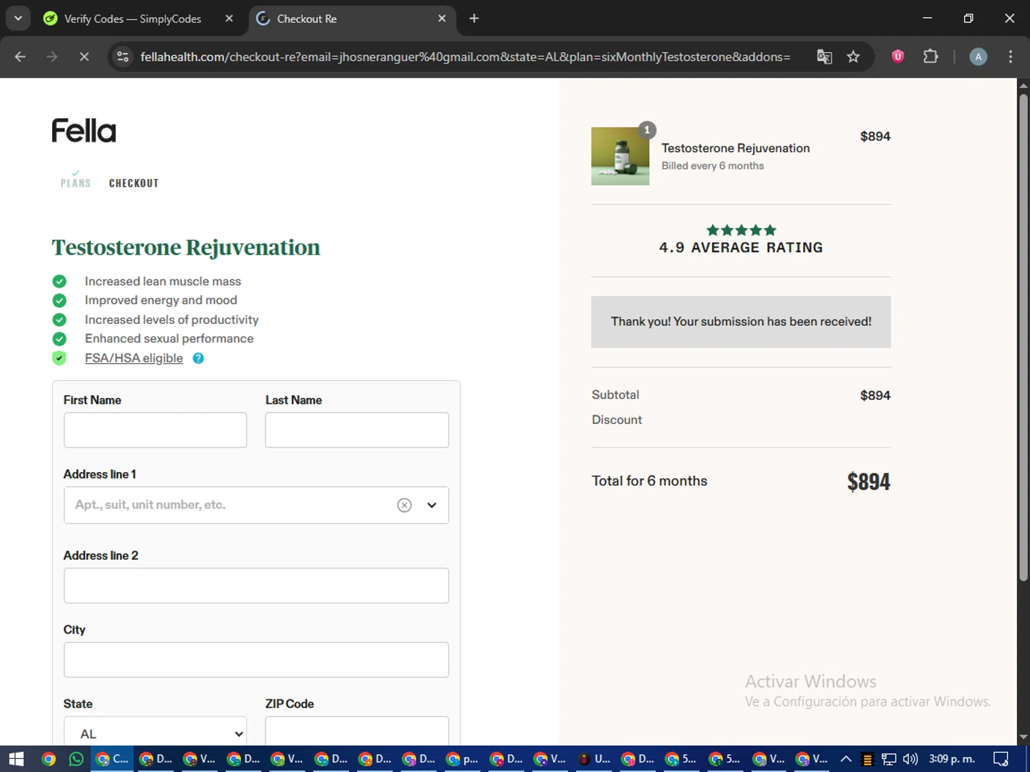 Fella Health discount code screenshot showing code FELLA100 applied at Fella Health checkout page. Uploaded by SimplyCodes community member trippieredd on Sep 17, 2025