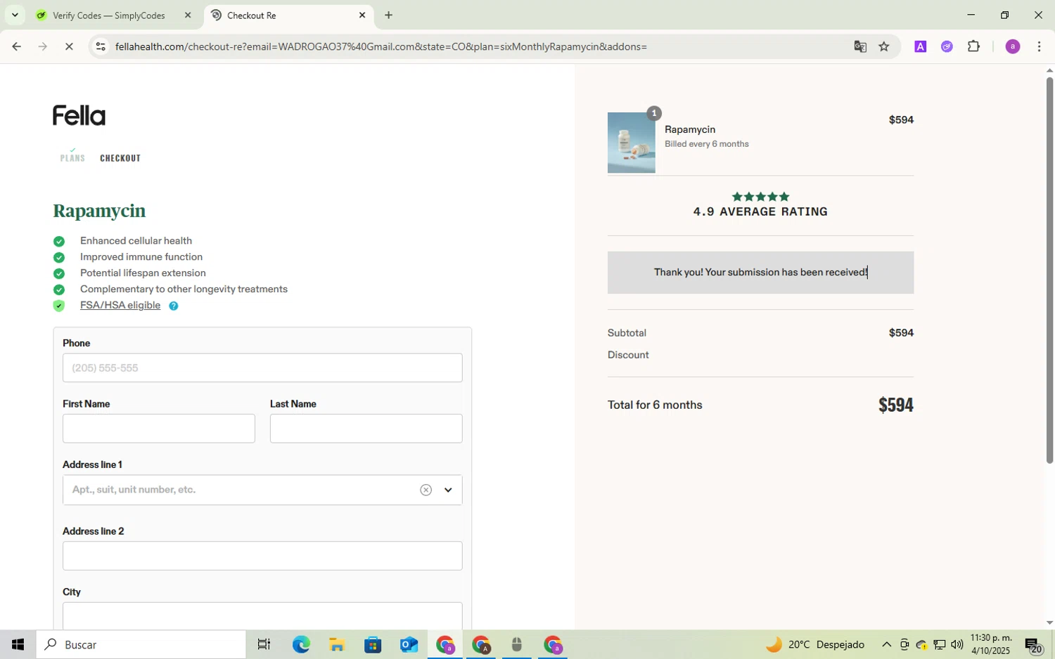 Fella Health discount code screenshot showing code FELLA200 applied at Fella Health checkout page. Uploaded by SimplyCodes community member Andygar on Oct 4, 2025