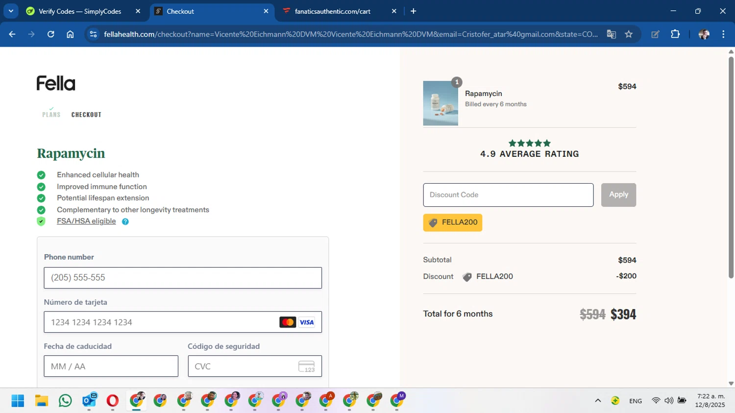 Fella Health discount code screenshot showing code FELLA200 applied at Fella Health checkout page. Uploaded by SimplyCodes community member DavidMGF on Aug 12, 2025