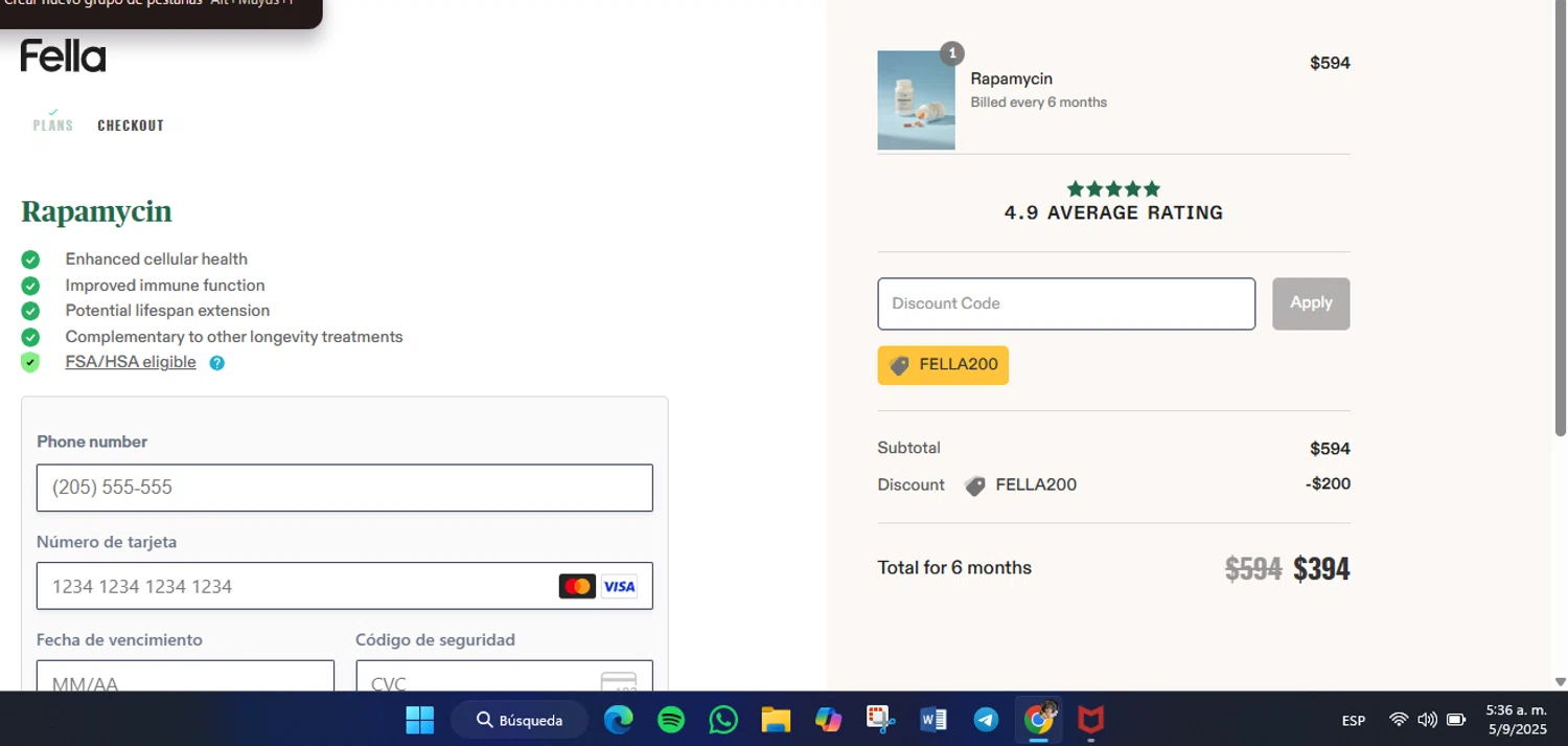Fella Health discount code screenshot showing code FELLA200 applied at Fella Health checkout page. Uploaded by SimplyCodes community member luisaballera on Sep 5, 2025