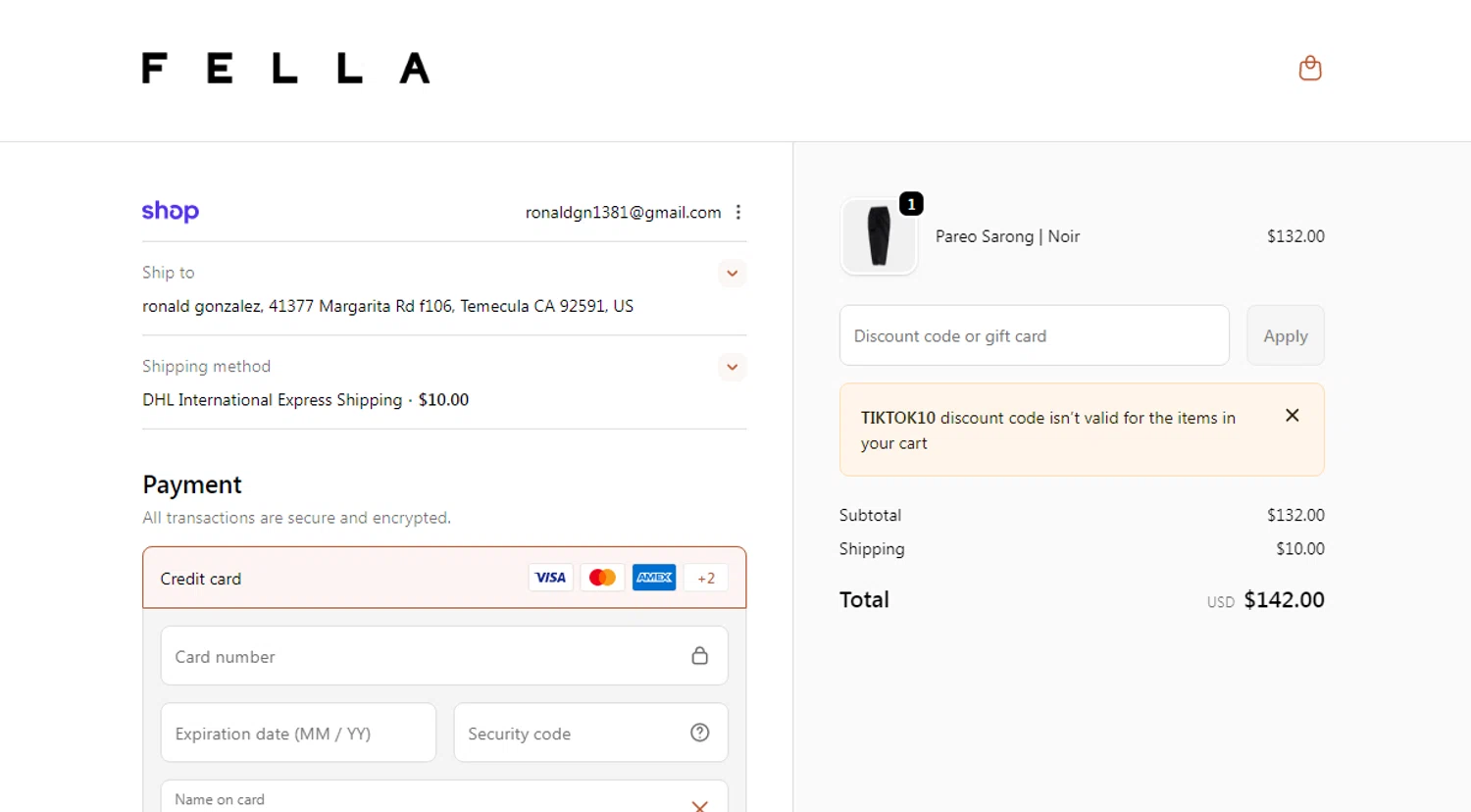 Fella Swim discount code screenshot showing code TIKTOK10 applied at Fella Swim checkout page. Uploaded by SimplyCodes community member CleverAdmiral7613 on Dec 17, 2025