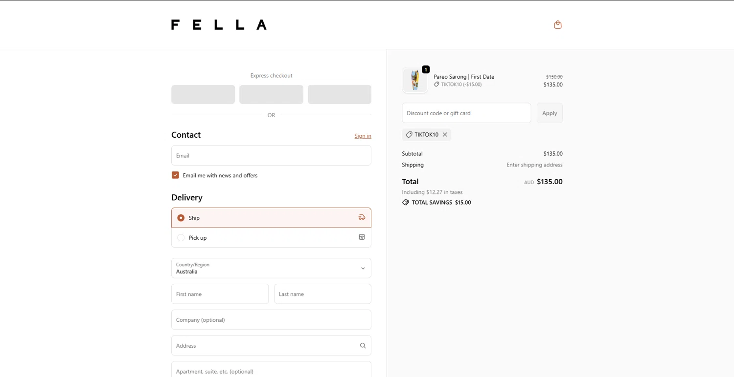 Fella Swim discount code screenshot showing code TIKTOK10 applied at Fella Swim checkout page. Uploaded by SimplyCodes community member JAKEELDOG on Dec 17, 2025