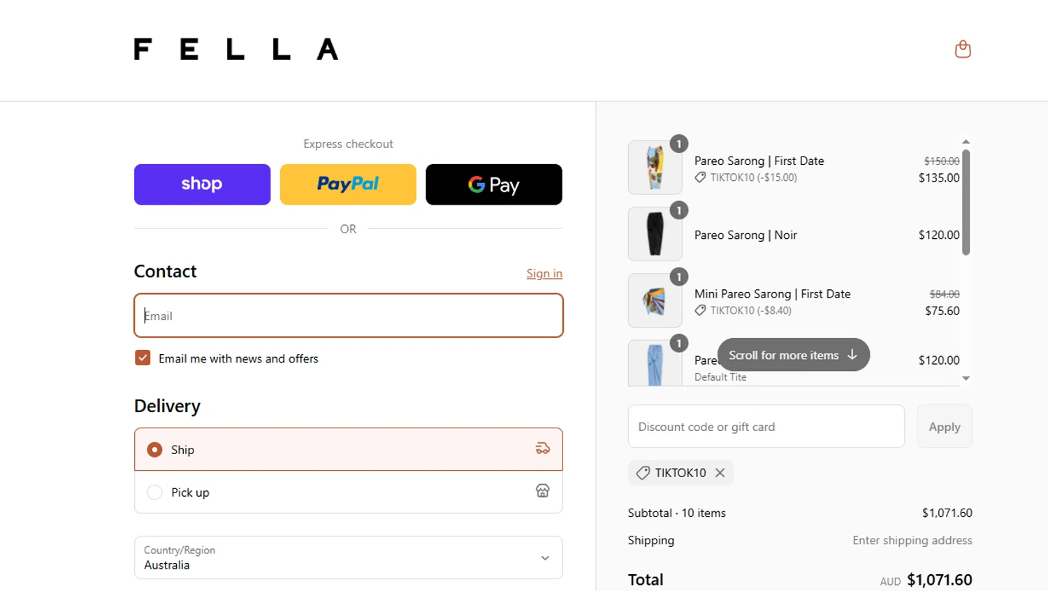 Fella Swim discount code screenshot showing code TIKTOK10 applied at Fella Swim checkout page. Uploaded by SimplyCodes community member yeresojperez on Sep 16, 2025