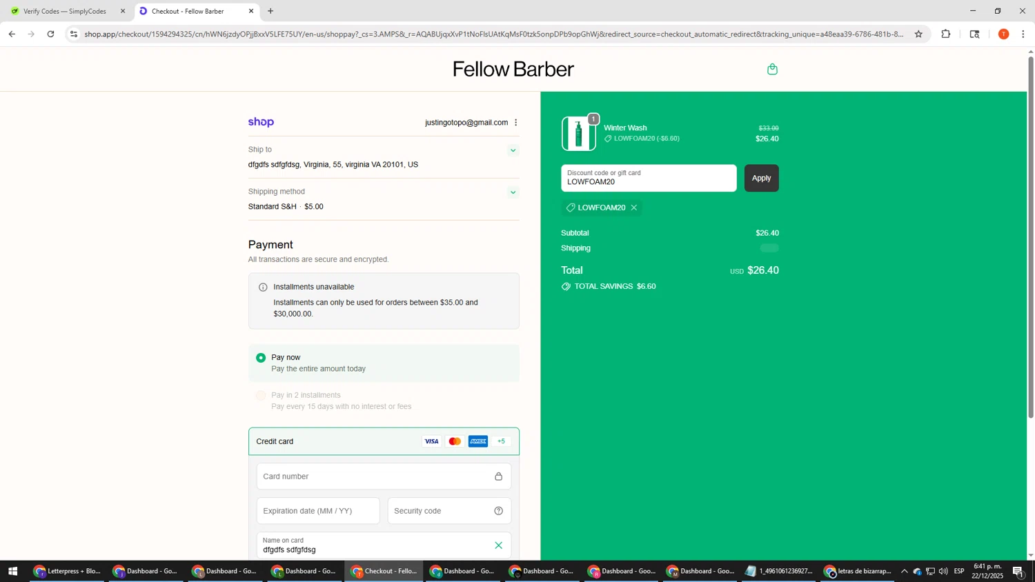 Fellow Barber promo code screenshot showing code LOWFOAM20 applied at Fellow Barber checkout page. Uploaded by SimplyCodes community member HHHHHHH on Dec 22, 2025