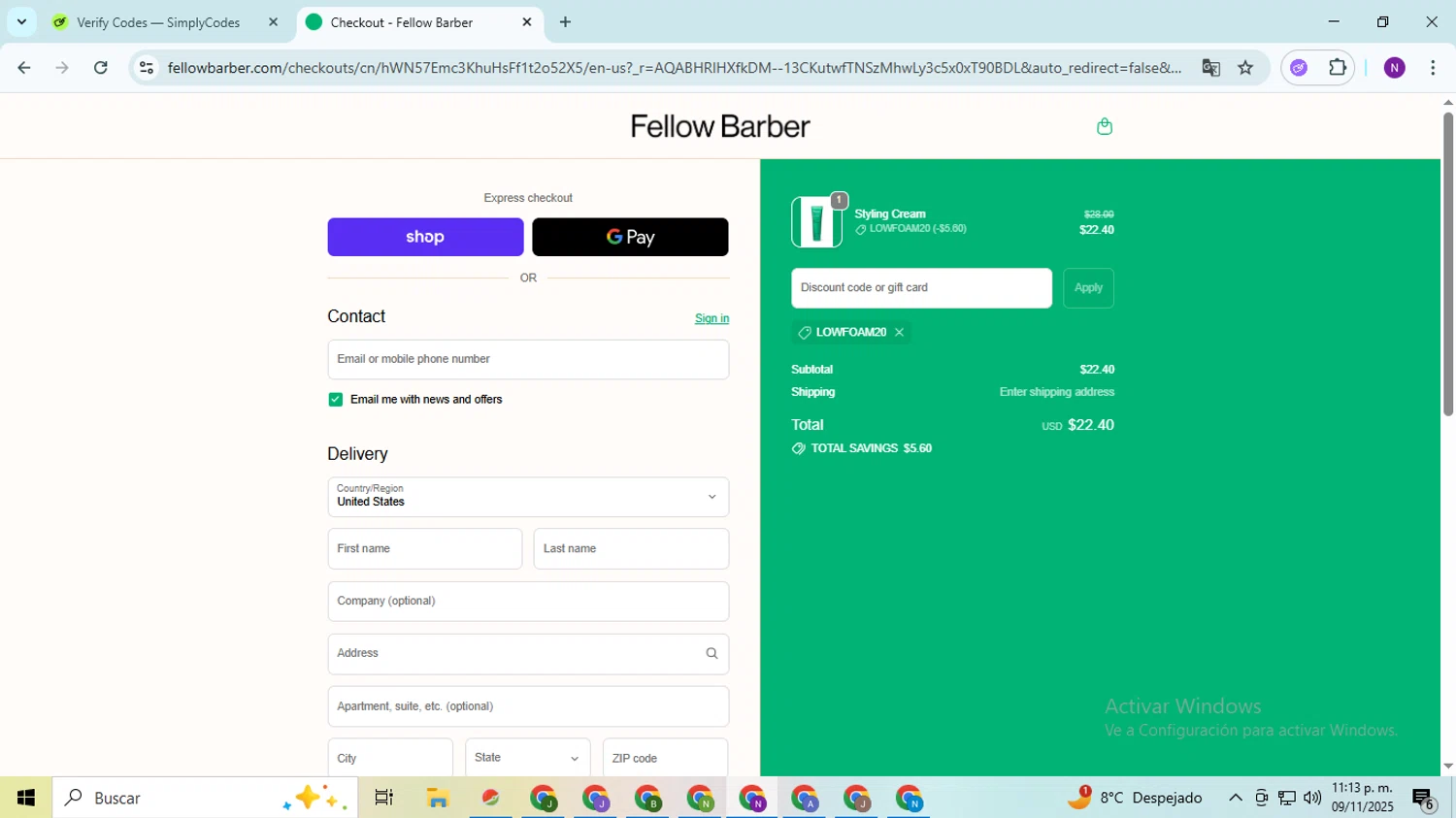 Fellow Barber promo code screenshot showing code LOWFOAM20 applied at Fellow Barber checkout page. Uploaded by SimplyCodes community member QuestOwl9632 on Nov 10, 2025