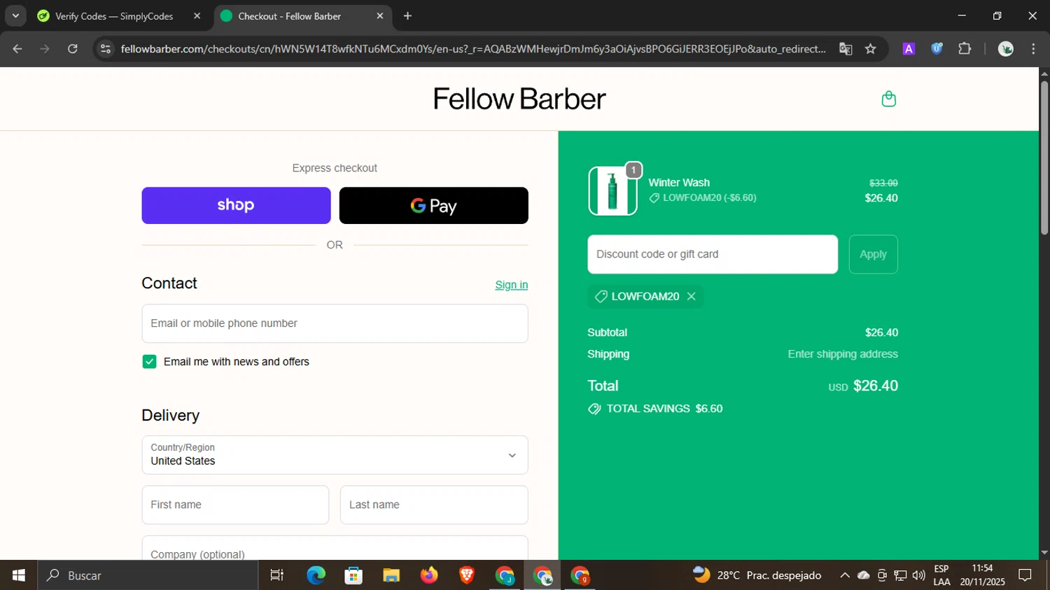 Fellow Barber promo code screenshot showing code LOWFOAM20 applied at Fellow Barber checkout page. Uploaded by SimplyCodes community member underwater on Nov 20, 2025
