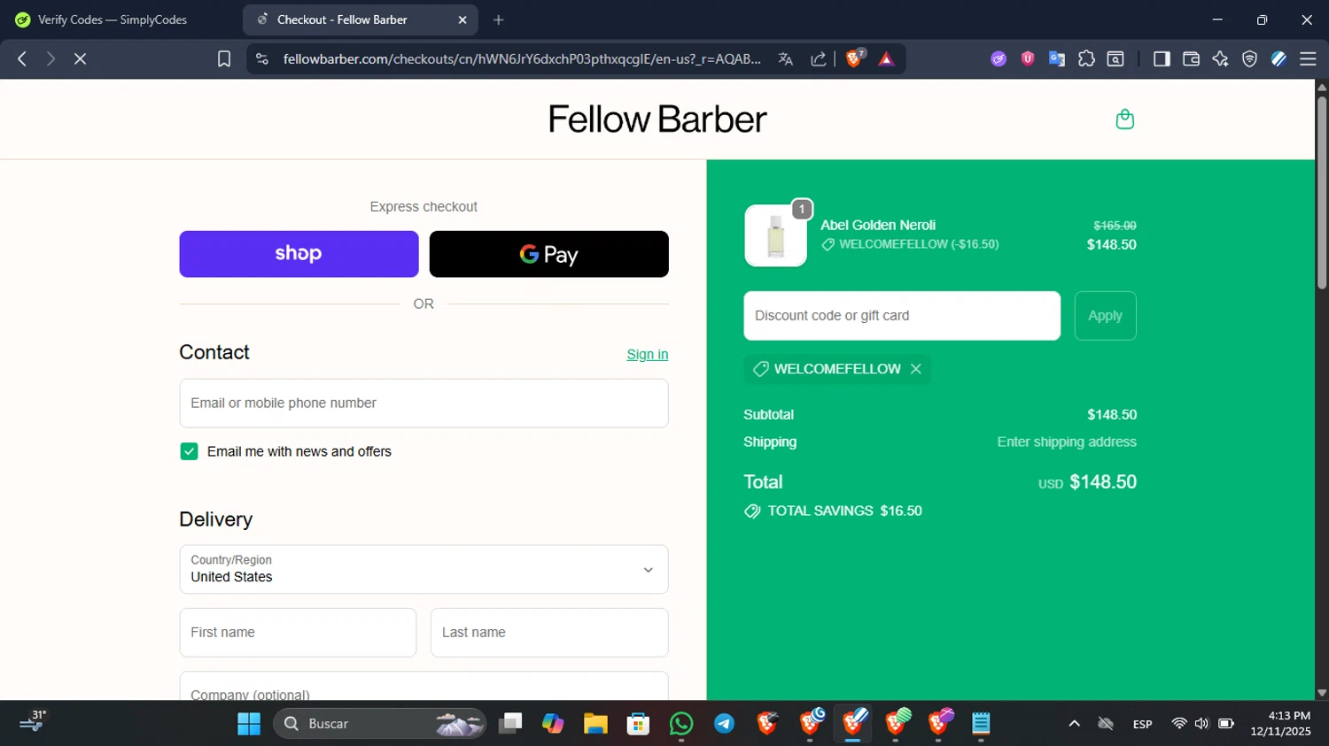 Fellow Barber promo code screenshot showing code WelcomeFellow applied at Fellow Barber checkout page. Uploaded by SimplyCodes community member QuestScholar3007 on Dec 11, 2025