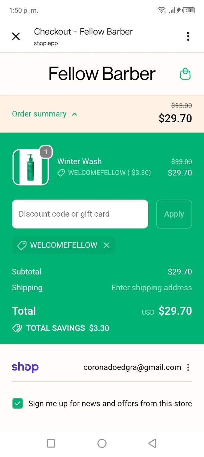 Fellow Barber promo code screenshot showing code WelcomeFellow applied at Fellow Barber checkout page. Uploaded by SimplyCodes community member tumiedo on Nov 30, 2025