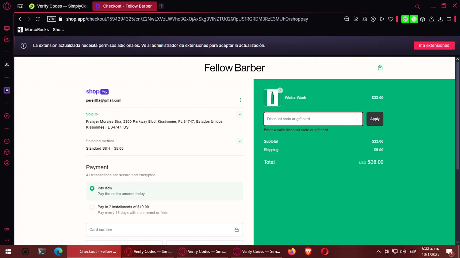 Fellow Barber promo code screenshot showing code RUDYS40 applied at Fellow Barber checkout page. Uploaded by SimplyCodes community member ALCUPONE on Jan 10, 2025