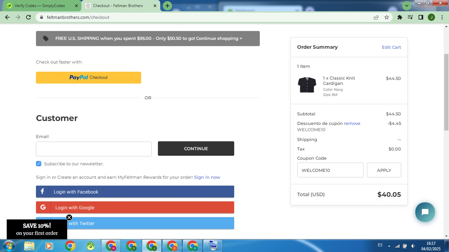 Feltman Brothers promo code screenshot showing code WELCOME10 applied at Feltman Brothers checkout page. Uploaded by SimplyCodes community member BonusWhiz695 on Feb 4, 2025