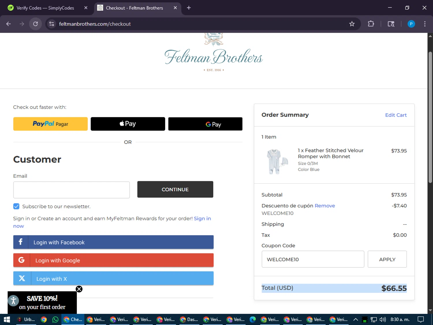 Feltman Brothers promo code screenshot showing code WELCOME10 applied at Feltman Brothers checkout page. Uploaded by SimplyCodes community member juiceWRLD on Jul 9, 2025