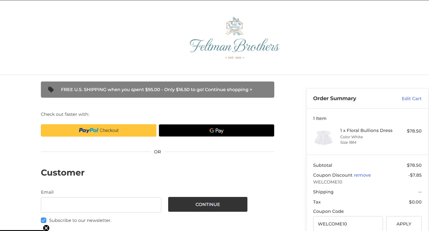 Feltman Brothers promo code screenshot showing code WELCOME10 applied at Feltman Brothers checkout page. Uploaded by SimplyCodes community member lukeCallahannn on Feb 18, 2025