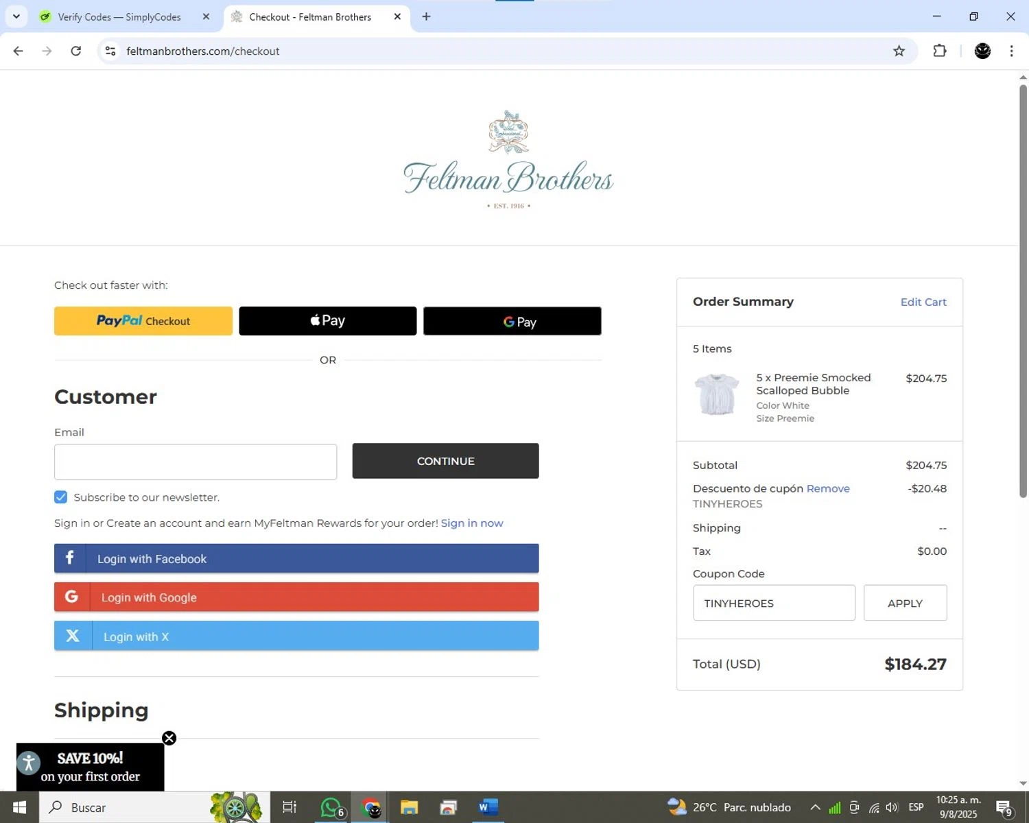 Feltman Brothers promo code screenshot showing code TINYHEROES applied at Feltman Brothers checkout page. Uploaded by SimplyCodes community member SavingsHero5596 on Aug 9, 2025
