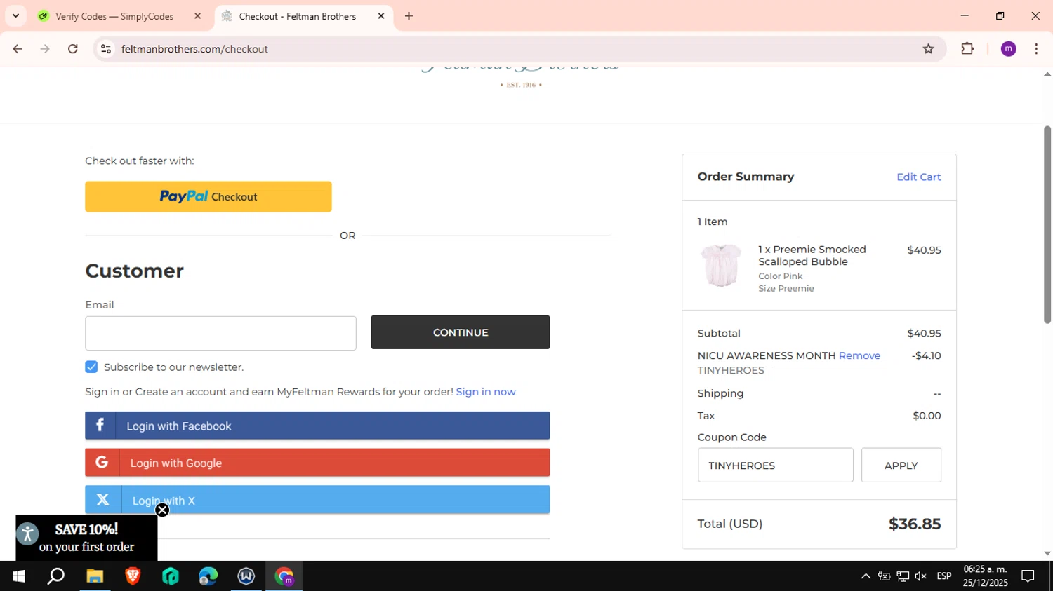 Feltman Brothers promo code screenshot showing code TINYHEROES applied at Feltman Brothers checkout page. Uploaded by SimplyCodes community member VictoriousCurator6515 on Dec 25, 2025
