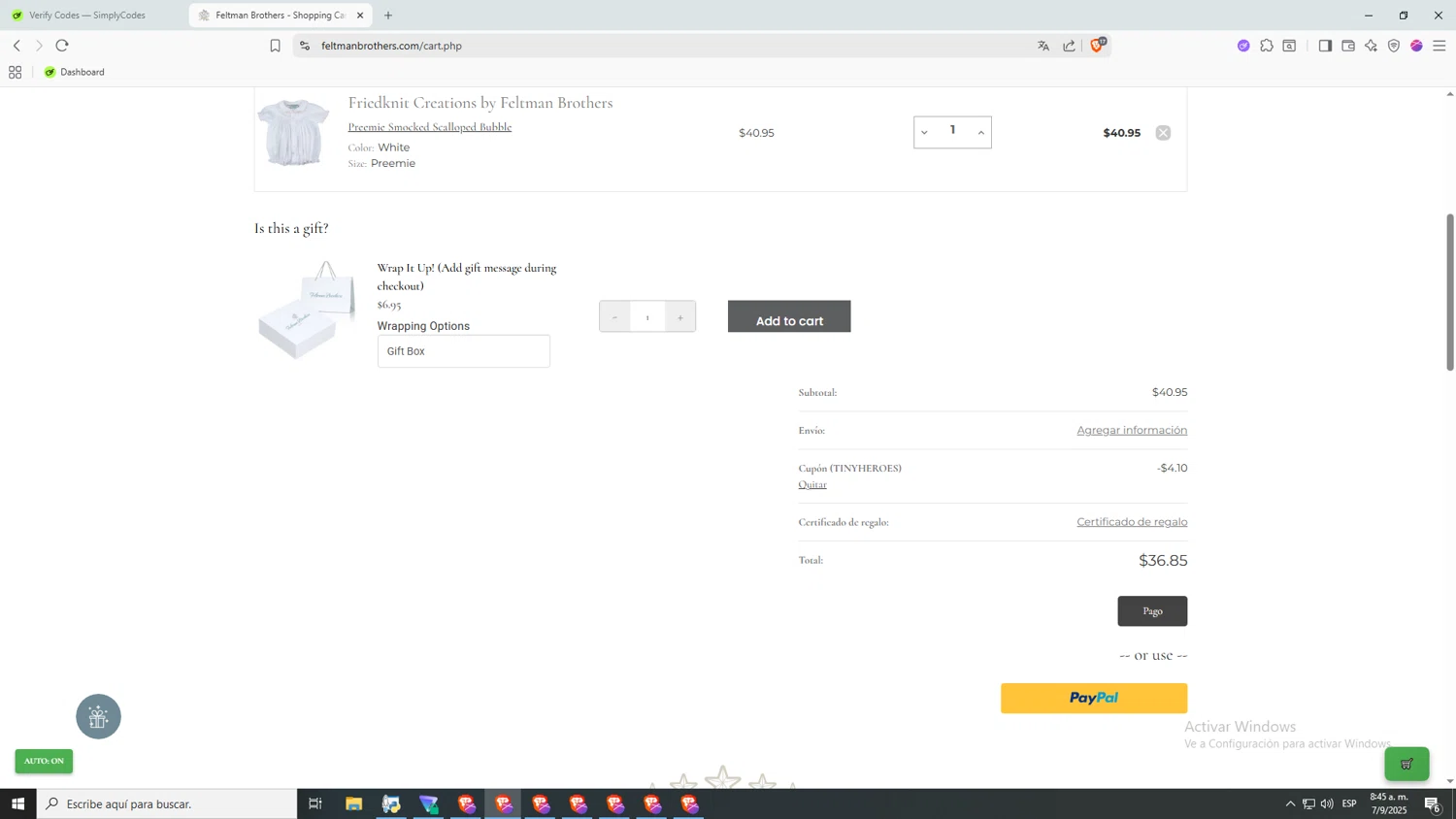 Feltman Brothers promo code screenshot showing code TINYHEROES applied at Feltman Brothers checkout page. Uploaded by SimplyCodes community member jHjJJJhgPlDmsdUYitrNMASDll on Sep 7, 2025