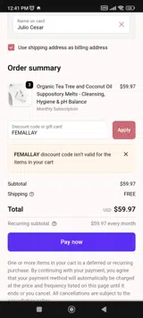 FEMALLAY coupon verification screenshot