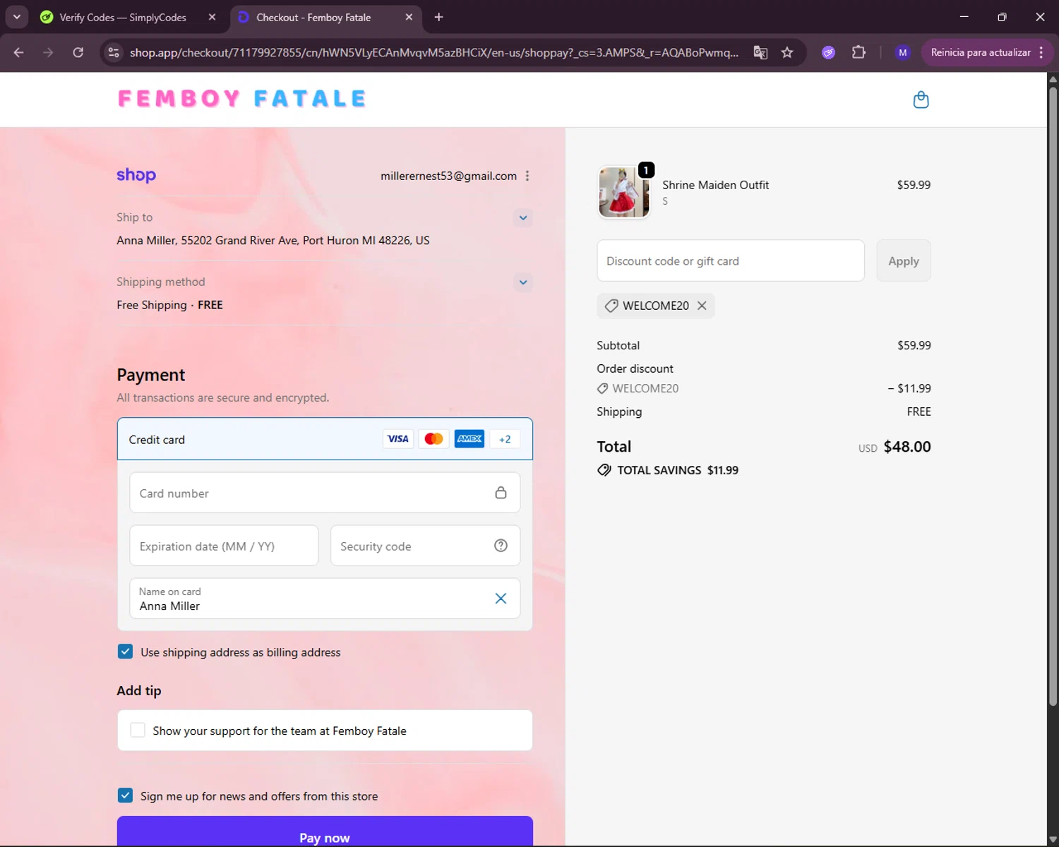Femboy Fatale promo code screenshot showing code WELCOME20 applied at Femboy Fatale checkout page. Uploaded by SimplyCodes community member RewardLynx5307 on Nov 20, 2025