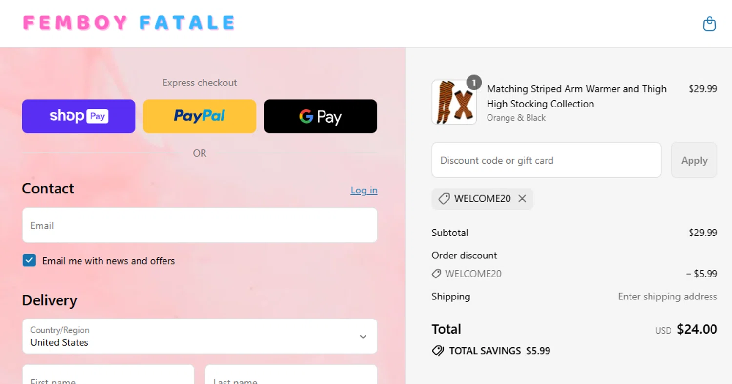 Femboy Fatale promo code screenshot showing code WELCOME20 applied at Femboy Fatale checkout page. Uploaded by SimplyCodes community member yeresojperez on Jul 27, 2025