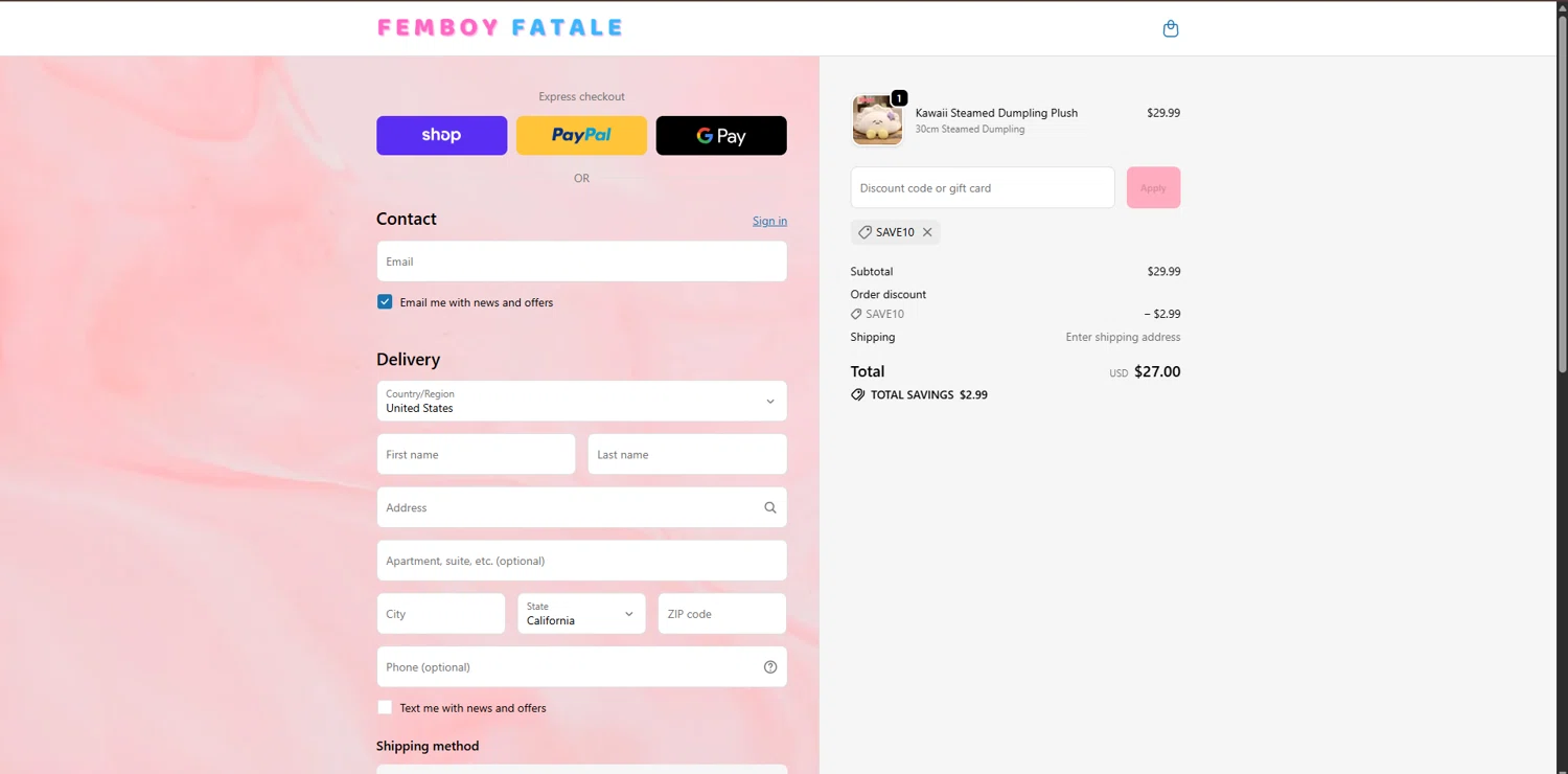Femboy Fatale promo code screenshot showing code SAVE10 applied at Femboy Fatale checkout page. Uploaded by SimplyCodes community member ValueGenius9720 on Nov 25, 2025
