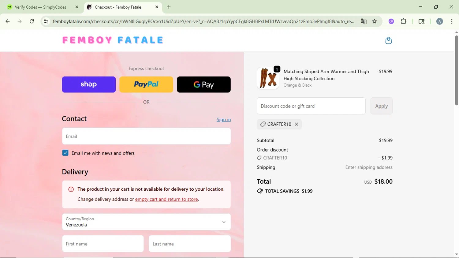 Femboy Fatale promo code screenshot showing code CRAFTER10 applied at Femboy Fatale checkout page. Uploaded by SimplyCodes community member DiscountVirtuoso6243 on Feb 14, 2026