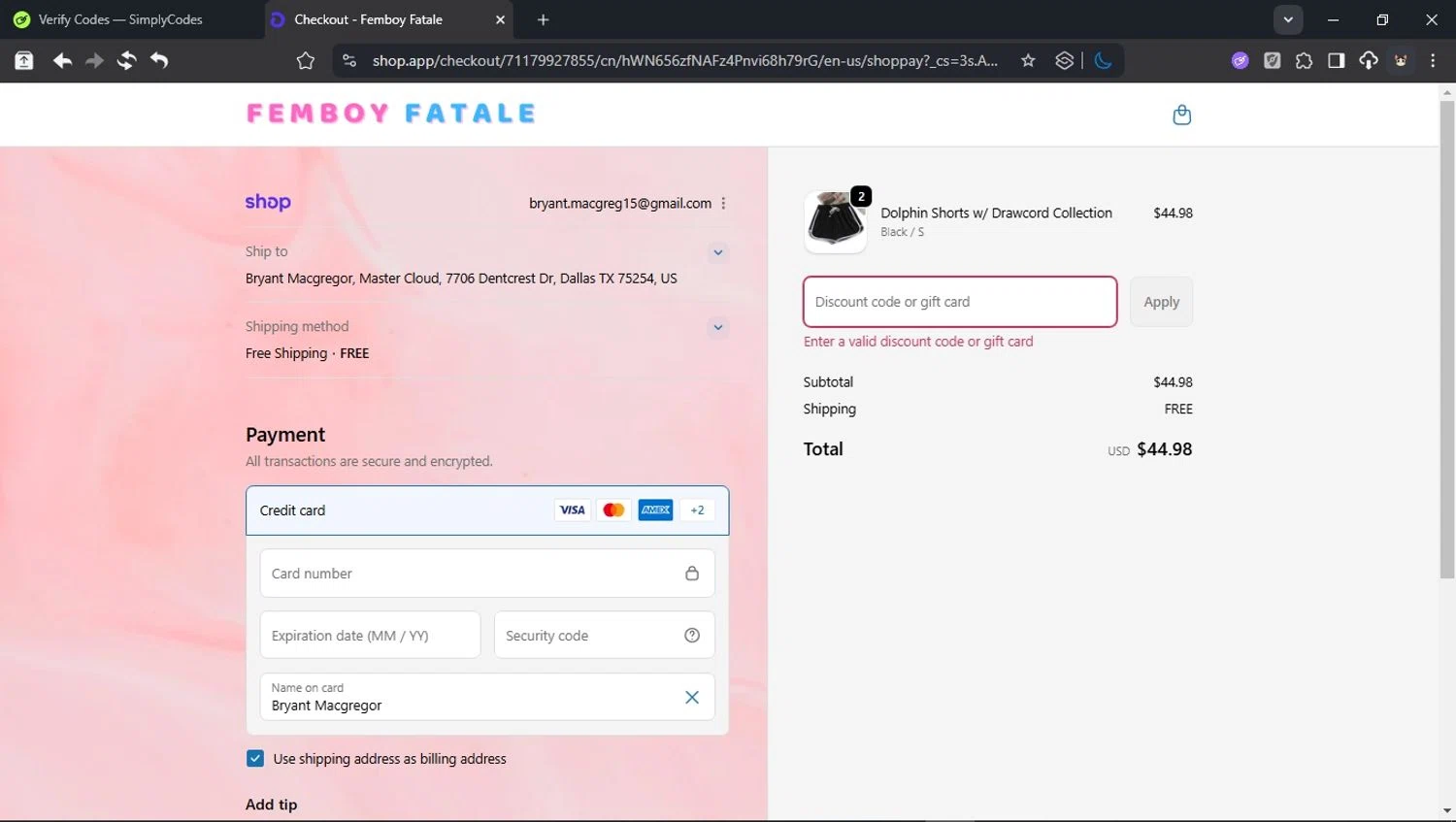Femboy Fatale promo code screenshot showing code BFCM25 applied at Femboy Fatale checkout page. Uploaded by SimplyCodes community member BudgetCollector3125 on Dec 5, 2025