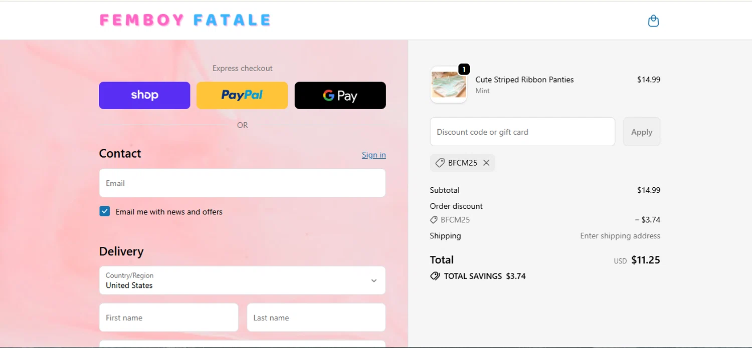 Femboy Fatale promo code screenshot showing code BFCM25 applied at Femboy Fatale checkout page. Uploaded by SimplyCodes community member armalissolorzano1 on Nov 27, 2025