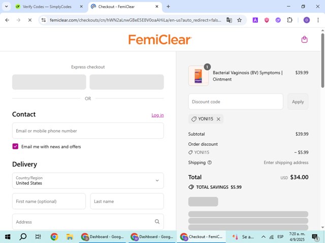 FemiClear checkout page showing FemiClear discount code box | Screenshot taken by SimplyCodes community member on Sep 4, 2025