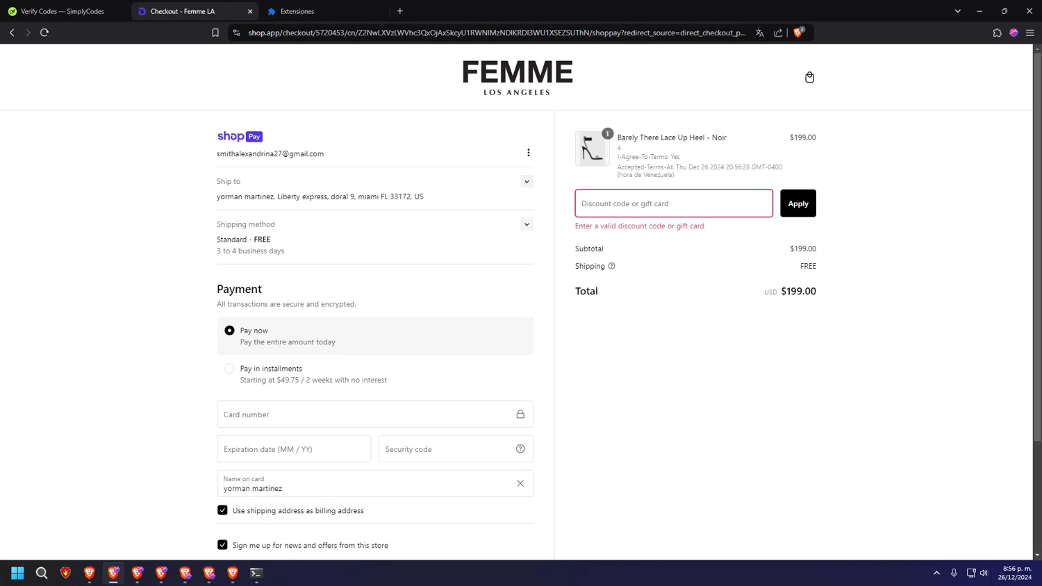 Femme LA discount code screenshot showing code CYBER applied at Femme LA checkout page. Uploaded by SimplyCodes community member 000000ooooooooooo on Dec 27, 2024